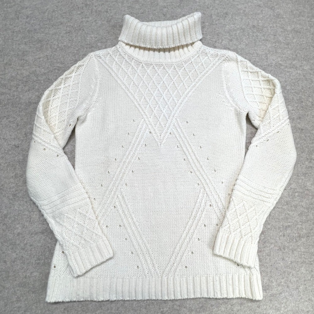 Venus Cream Cable Knit Turtleneck‎ Sweater Women Small Diamond Pattern